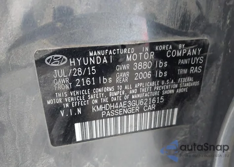 2016 Hyundai Elantra Se z USA, uszkodzony, nr VIN KMHDH4AE3GU621615